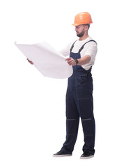 competent foreman Builder looking at drawings. isolated on white