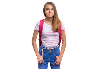 Obraz premium Student teen girl with backpack looking at camera. Portrait of cute smiling schoolgirl with hands in pockets, isolated on white background. Happy child Back to school.