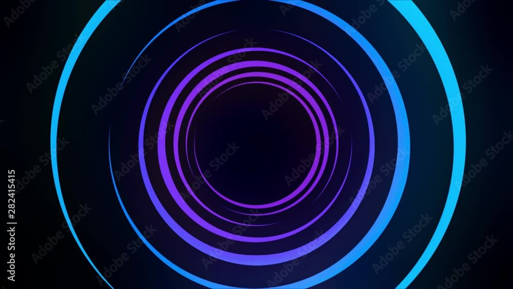 Poster abstract light tunnel formed by colorful moving rings on black background, seamless loop. animation.