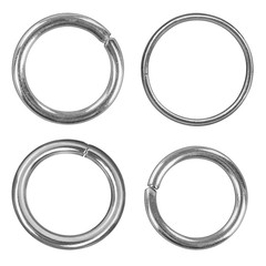 A set of silver connecting rings on the isolated white background