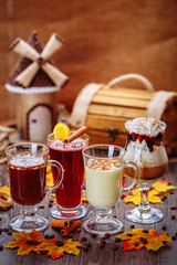 Set cocktails in the restaurant. Delicious desserts. Autumn wallpaper.