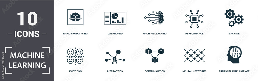 Poster machine learning icon set. contain filled flat machine learning, machine, dashboard, artificial inte