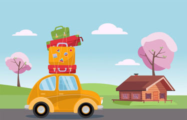 Spring road trip on small retro yellow car with colorful suitcases on the roof. Spring landscape with blooming trees and a wooden house on the background. Flat cartoon illustration.