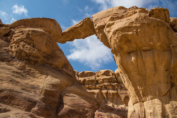 High bridge a rock arch in the desert of Wadi Rum Jordan