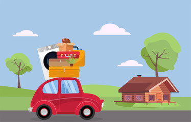 Moving concept. Red vintage car with suitcases, washing machine and plant on roof driving to wooden house. Flat cartoon illustration. Car Side View with stack of furniture, luggage. Moving home