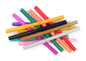 Colorful felt pen markers isolated on white background, top view