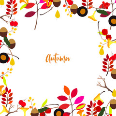 Autumn vector frame with berries, acorns, pine cone, mushrooms, branches and leaves.