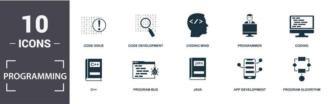 Programmer icon set. Contain filled flat coding, coding mind, app development, program algorithm, java, code development, code issue icons. Editable format