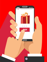 Gift app page on smartphone screen. Two male hands holding smartphone with big gift box on the screen. Mobile concept for web banners, web sites, infographics. cartoon flat illustration.