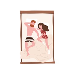 Cute happy couple lying in comfy bed. Funny man and woman sleeping at night. Girl and boy napping, slumbering or dozing at home. Relaxation and recreation. Flat cartoon colorful vector illustration.