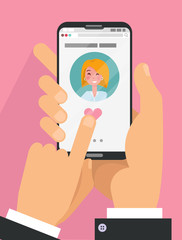 Online dating app concept. Male hands in suit holding smartphone with girl on screen. Online dating, long distance relationship concept. Finger presses heart button. Flat cartoon illustration