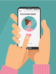 Online dating app concept. Male hands in suit holding smartphone with woman on screen. Online dating, long distance relationship concept. Finger presses heart button. Flat cartoon illustration