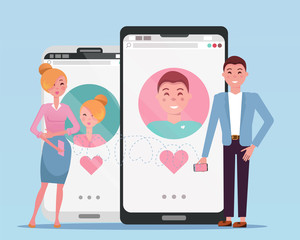 Man and woman acquaintance in social network. Used for web profiles on smartphones. Online dating app users. Human growth phones with dating site next to their owners. Flat cartoon illustration