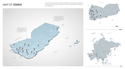 Vector set of Yemen country.  Isometric 3d map, Yemen map, Asia map - with region, state names and city names.