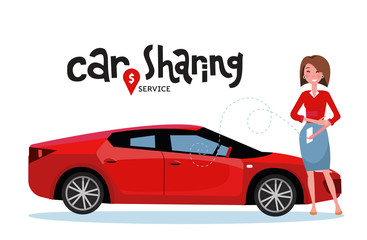 Fototapeta na wymiar Online carsharing. Woman book car by app on mobile phone. Transportation service online. Lettering car sharing service. Happy person in front of red sport car. flat cartoon illustration