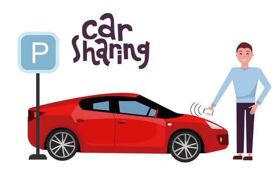 Man opens a red car rendered in a car sharing with a mobile phone. Side view of sports car on parking lot near parking sign. Remote start machine. flat cartoon illustration with hand lettering.