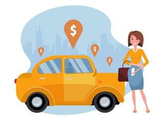 Young woman requesting ride on cell phone. Rent a car using mobile app. Online carshering concept. Yellow car on background of silhouette of city and geolocation sign. flat cartoon illustration