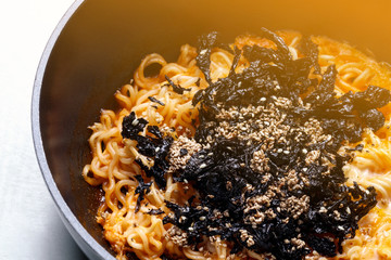 homemade noodle with egg, seaweed and sesame