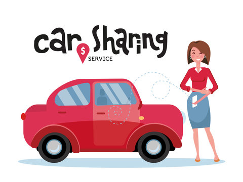 Woman requesting ride on cell phone. Rent a car using mobile app. Online lettering carshering concept.Small cute red car on white background with geolocation sign. flat cartoon illustration