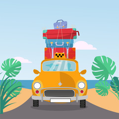 Little yellow retro taxi rides to sea with stack of suitcases on roof. Flat cartoon illustration. Car front View With pile of baggage.Southern landscape with sand. Taxi transfer on vacation