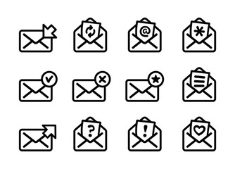 Set of flat email icons, black and white kit. Vector illustration