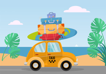 Little yellow retro taxi car rides from the sea with stack of suitcases on roof. Flat cartoon illustration. Car side View with surfboard. Southern landscape with sand. Taxi transfer on vacation