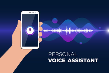 Fototapeta premium Personal assistant and voice recognition mobile app. Hand holds smartphone with microphone button on screen and gradient sound wave. Soundwave intelligence smart technology vector illustration