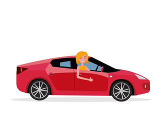 Obraz na płótnie Canvas Smiling young woman inside his car. female driver at the wheel of car. Side view of Right-hand drive red car.Girl showing thumb up gesture. Test drive concept.Isolated flat cartoon illustration