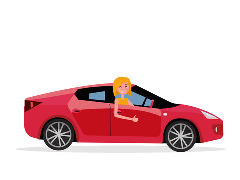 Smiling young woman inside his car. female driver at the wheel of car. Side view of Right-hand drive red car.Girl showing thumb up gesture. Test drive concept.Isolated flat cartoon illustration