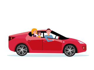 Smiling family inside their new red car. driver at the wheel of car. Mom and daughter are sitting in back seat. Side view of sports car. Man showing thumb up gesture. flat cartoon illustration