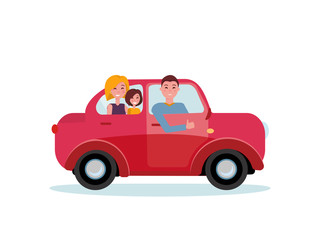 Happy family inside their new red car. Man driver at the wheel of car. Mom and daughter sitting in back seat. Side view of family car. Dad showing thumb up gesture. flat cartoon illustration