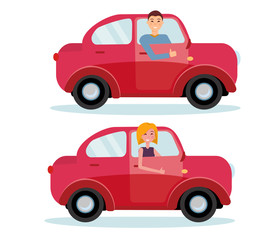 Naklejka premium Set of 2 red cars with male and female drivers.Man inside his car. Woman at the wheel of car. Side view of car. Drivers showing thumb up gesture. flat cartoon illustration on white background