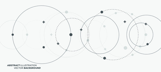 Abstract vector illustration with overlapping circles, dots and dashed circles. Science and connection concept. Wide molecule structure background.