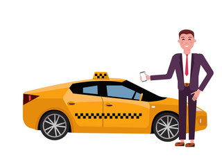 Smiling young businessman in a suit calls a taxi by a mobile phone. Side view of modern yellow taxi car on white background. City transtort concept. flat cartoon illustration