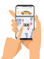 Female hands holding mobile phone with taxi app. City map with picture of taxi car and geolocation signs on screen.Taxi service. Hand push touchscreen and choose a car. flat cartoon illustration