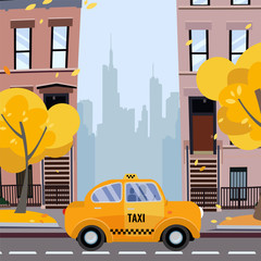 Fototapeta na wymiar America city street. Urban landscape. Cozy yellow taxi on New York Street in residential area with yellow trees in the foreground, and silhouettes of downtown in background. flat cartoon concept