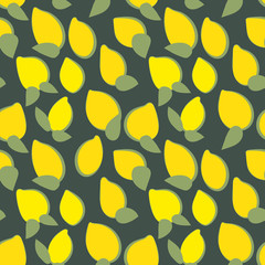 A seamless vector pattern with simple lemons on dark background. Surface print design swatch.