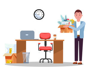 Successful smiling young business man holding cardboard box with work stuff at a new workplace with laptop and papers. New job concept. Office workstation. flat cartoon illustration
