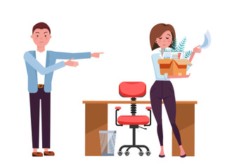 Man dismisses woman.Sad office girl employee leaves with box of her things. Job reduction concept.She picks up her belongings, leaves the workplace. flat cartoon illustration on white background