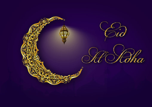 Eid Mubarak, Eid Al Adha muslim celebration postcard with the golden  moon