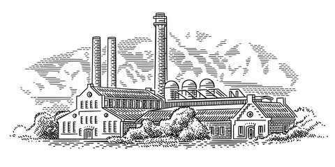 Old factory (plant) engraving style illustration. Vector, sky in separate layer.  © yuromanovich