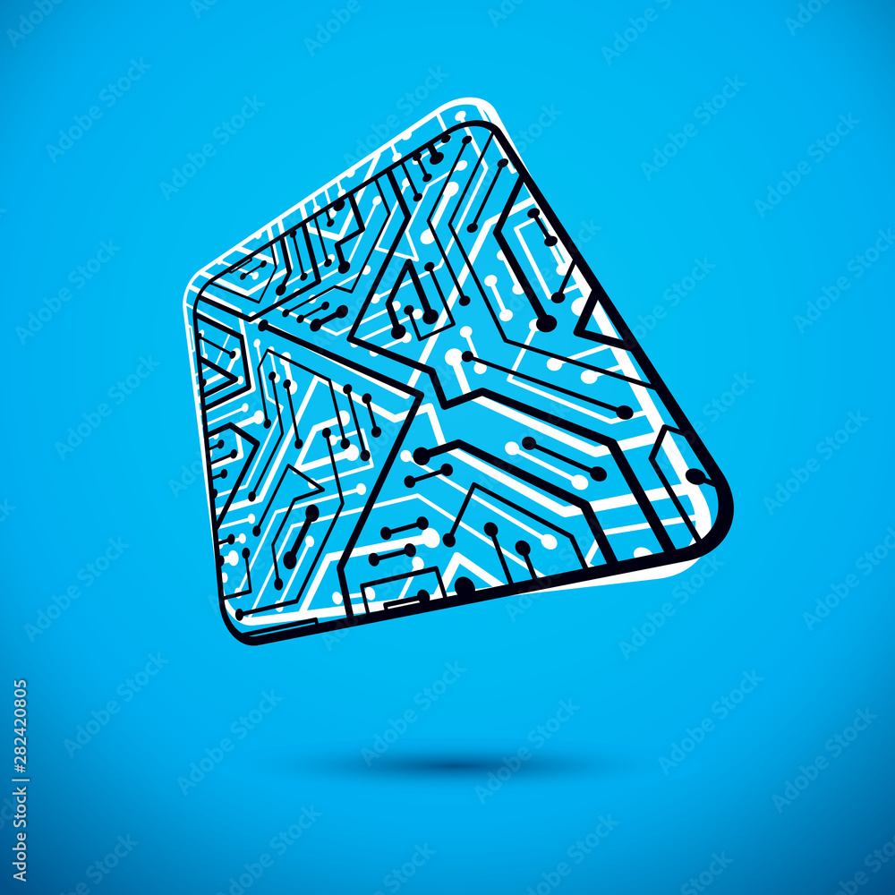 Poster vector microchip design, cpu. information communication technology element, circuit board in square 