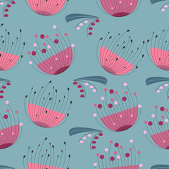 Vector seamless pattern with red abstract poppy flowers on a blue background. Can be used as  greeting postcards, prints, textile design, packaging design.