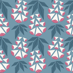 Vector seamless pattern with white and red berries, on a blue background. Can be used as  greeting postcards, prints, textile design, packaging design.