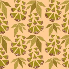 Vector seamless pattern with brown berries, on a yellow background. Can be used as  greeting postcards, prints, textile design, packaging design.