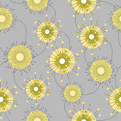 Vector seamless pattern with yellow abstract dandelion flowers on a gray background. Can be used as  greeting postcards, prints, textile design, packaging design.