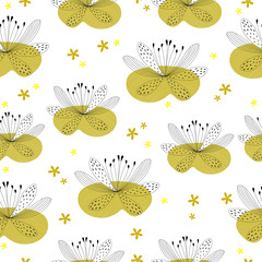 Vector seamless pattern with abstract water lily flowers and yellow leaves on a white background. Can be used as  greeting postcards, prints, textile design, packaging design.