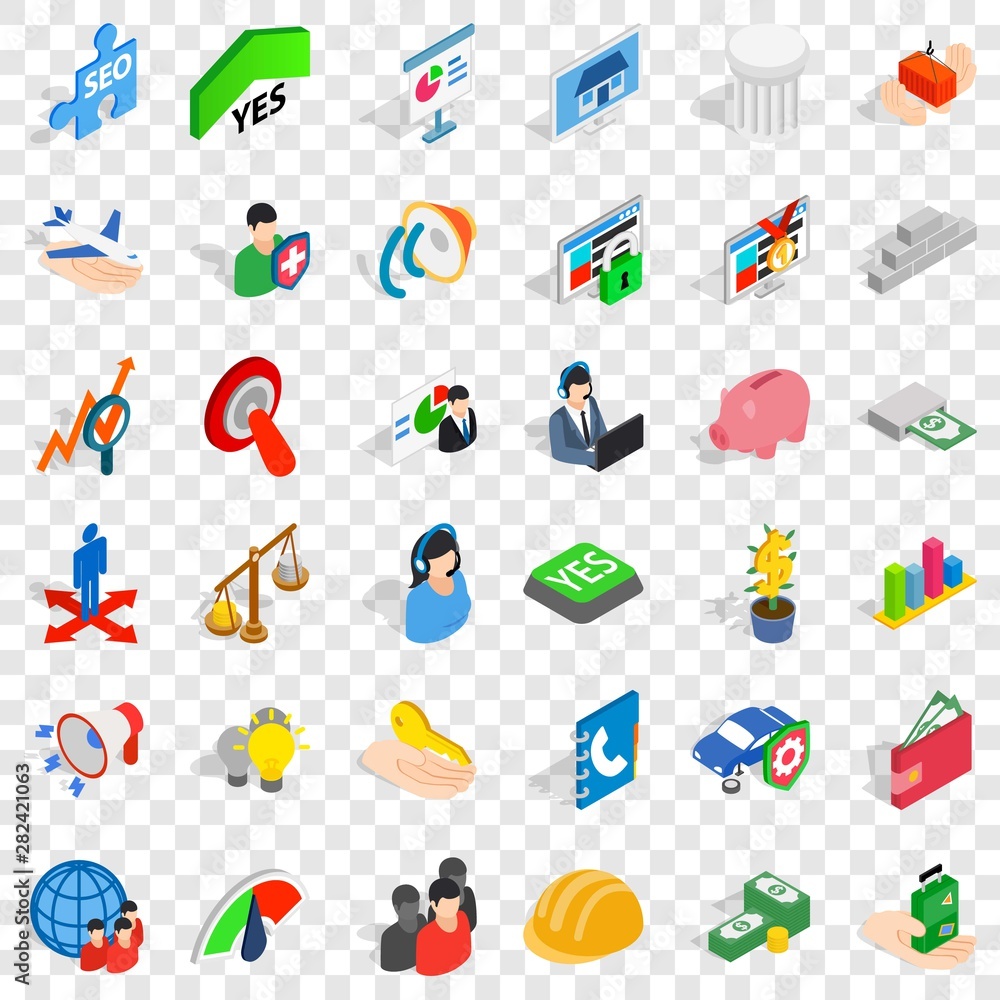 Poster speaking icons set. isometric style of 36 speaking vector icons for web for any design