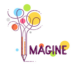 Imagine word with pencil instead of letter I, imagination and fantasy concept, vector conceptual creative logo or poster made with special font. - obrazy, fototapety, plakaty