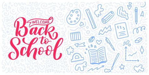 Welcome back to school lettering quote and doodle background. Template for sale tag. Hand drawn badge. Education concept. Typography emblem.